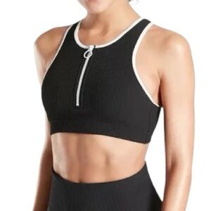 Athleta Ribbed Zip Front High Neck Sports Bra Womens Small Black Athleisure
